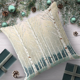 Snowy Birch Trees Christmas Teal ID1003 Cushion