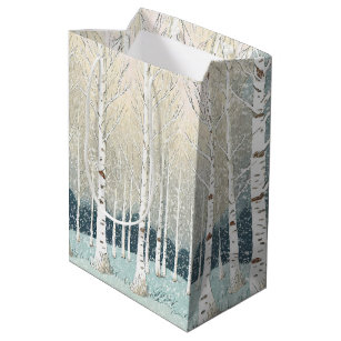Snowy Birch Trees Christmas Teal ID1003 Medium Gift Bag