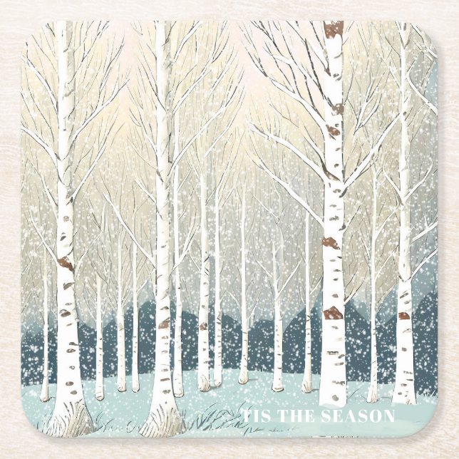 Snowy Birch Trees Christmas Teal ID1003 Square Paper Coaster (Front)
