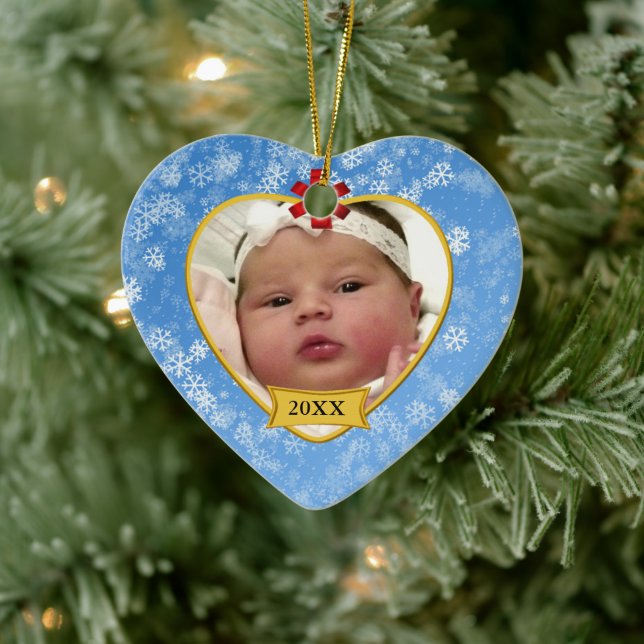 Snowy Blue Baby's 2 Sided Photo Keepsake Ceramic Tree Decoration (Tree)