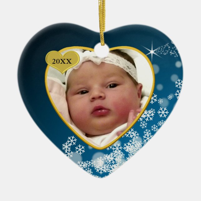 Snowy Blue Baby's Birth Year Photo Christmas Ceramic Tree Decoration (Front)