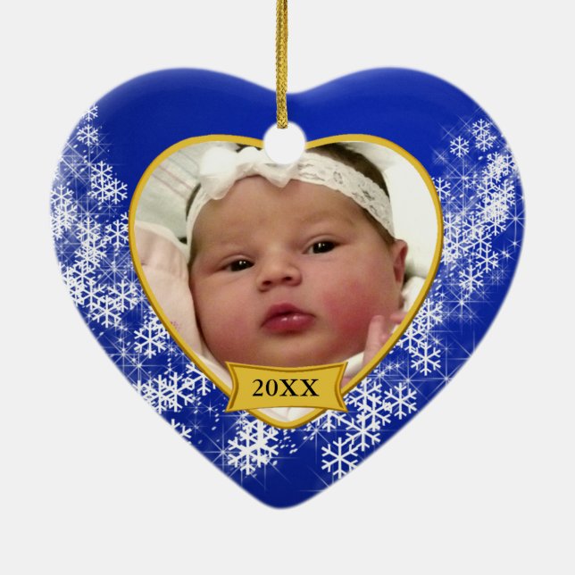 Snowy Blue Baby's Photo Christmas Ceramic Tree Decoration (Back)