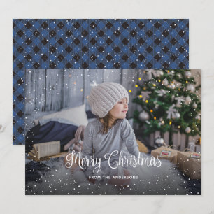 Snowy Blue Buffalo Plaid Photo Christmas Cards