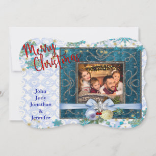 Snowy Blue Christmas Picture Frame Fancy Cut Photo Holiday Card