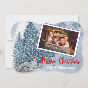 Snowy Blue Christmas Trees Photo Fancy Cut Holiday Card