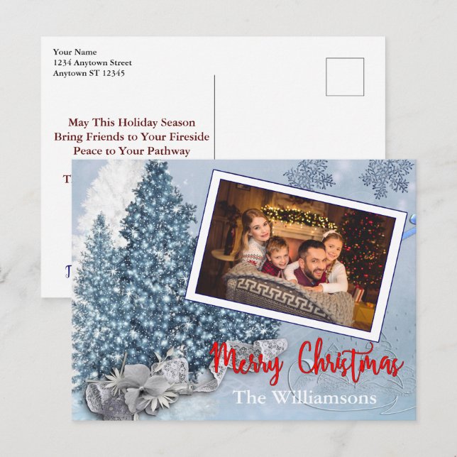 Snowy Blue Christmas Trees With Lace Photo Holiday Postcard (Front/Back)