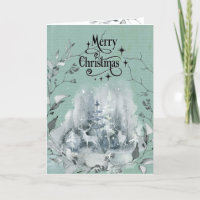 Snowy blue green Watercolor Winter Forest Stag 