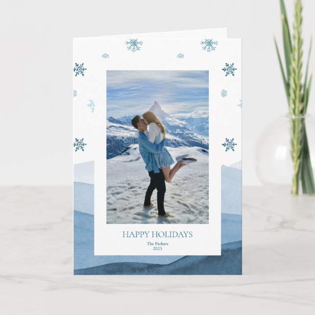 Snowy Blue Holiday Photo Card (Front)