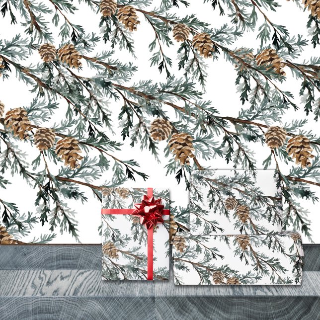 Snowy Blue Juniper Tree Branch & Pine Tree Cones Wrapping Paper (Snowy Blue Juniper Tree Branch & Pine Tree Cones Christmas Holiday Gift Wrapping Paper Rolls)