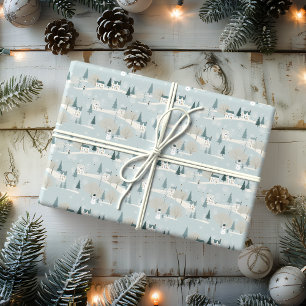 Snowy Blue Minimalist Christmas Village Wrapping Paper