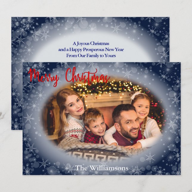 Snowy Blue Oval Photo Frame Christmas Holiday Card (Front/Back)
