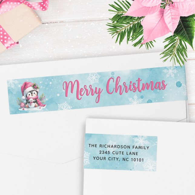 Snowy Blue Pink Penguin Merry Christmas Address Wrap Around Label (Creator Uploaded)