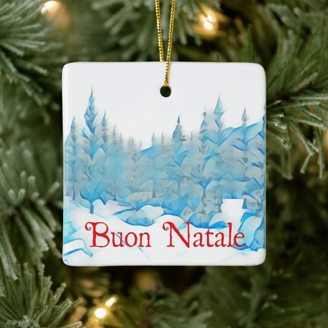 Snowy Blue Trees - Buon Natale Ceramic Ornament (Tree)