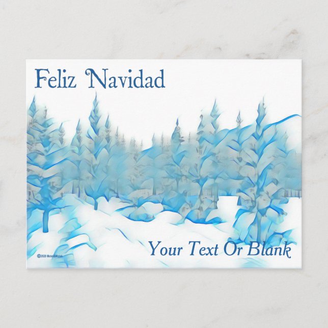 Snowy Blue Trees - Feiz Navidad Postcard (Front)