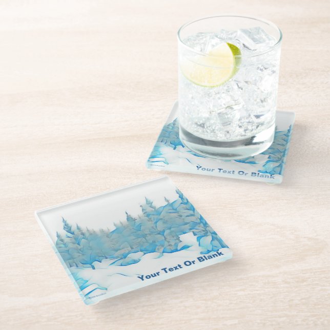 Snowy Blue Trees Glass Coaster (Angled)