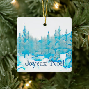 Snowy Blue Trees - Joyeux Noël Ceramic Ornament