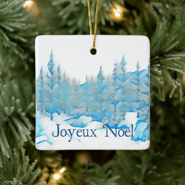 Snowy Blue Trees - Joyeux Noël Ceramic Ornament (Tree)