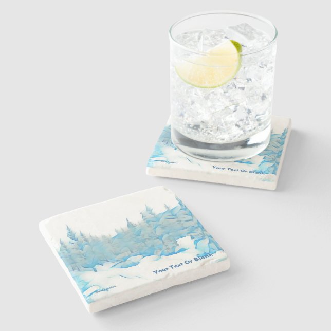 Snowy Blue Trees Stone Coaster (Side)