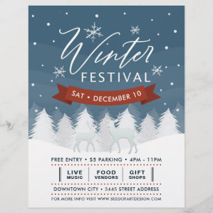 Snowy Blue Winter Festival Trees & Deer Event Flyer