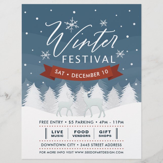 Snowy Blue Winter Festival Trees & Deer Event Flyer (Front)