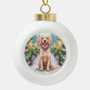 Snowy Bridge Boykin Spaniel Christmas Art Ceramic Ball Christmas Ornament