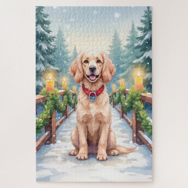 Snowy Bridge Boykin Spaniel Christmas Art Jigsaw Puzzle (Vertical)