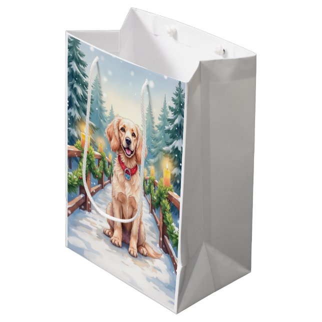 Snowy Bridge Boykin Spaniel Christmas Art Medium Gift Bag (Front Angled)