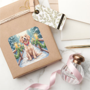 Snowy Bridge Boykin Spaniel Christmas Art Square Sticker