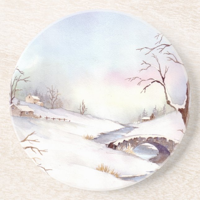 Snowy Bridge Watercolor Landscape Painting Coaster (Front)