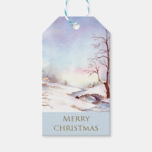 Snowy Bridge Watercolor Landscape Painting Gift Tags