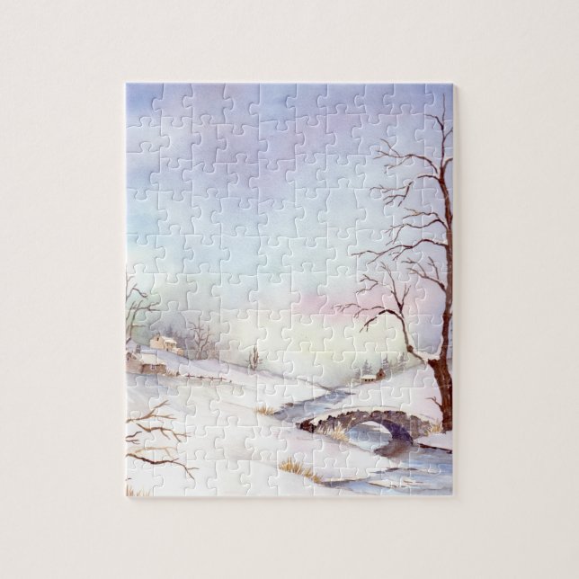 Snowy Bridge Watercolor Landscape Painting Jigsaw Puzzle (Vertical)