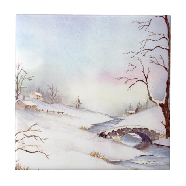 Snowy Bridge Watercolor Landscape Painting Tile (Front)