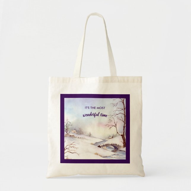 Snowy Bridge Watercolor Landscape Painting Tote Bag (Front)