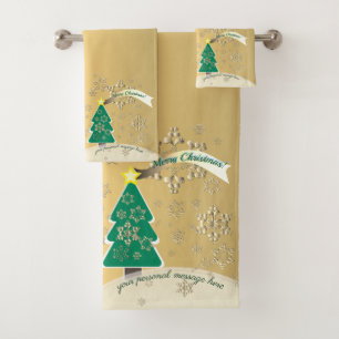Snowy Bronze Drk Green Christmas Tree Scene Bath Towel Set