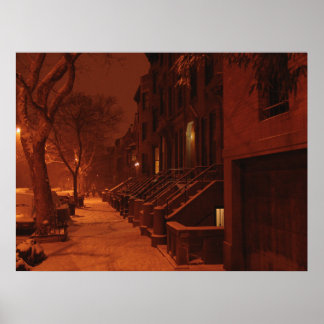 Snowy Brownstones- Night Poster