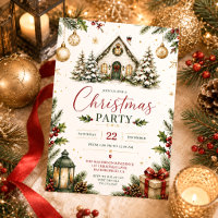 Snowy Cabin Holly Berries Gold Baubles Christmas