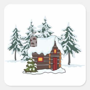 Snowy Cabin Scene Square Sticker