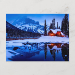 Snowy Canadian Cabin, Canadian Sunset Postcard