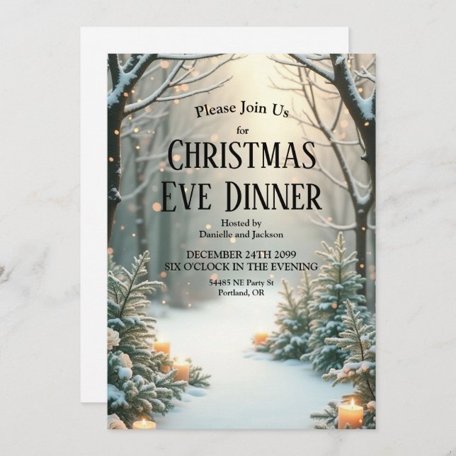 Snowy Candlelit Frosted Evergreens Invitation (Front/Back)