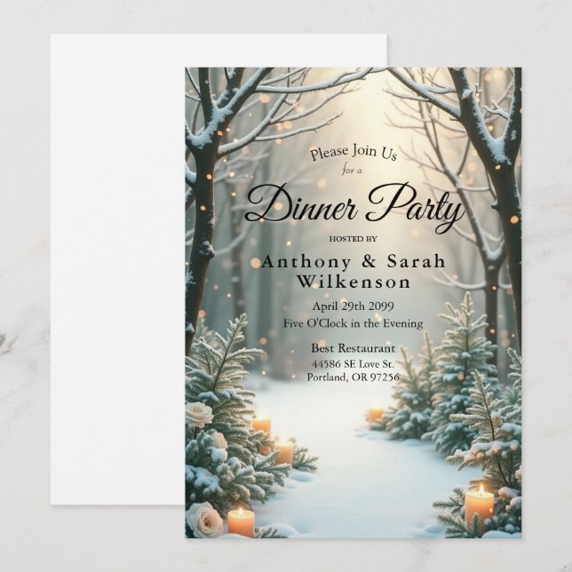 Snowy Candlelit Frosted Evergreens Invitation (Front/Back)