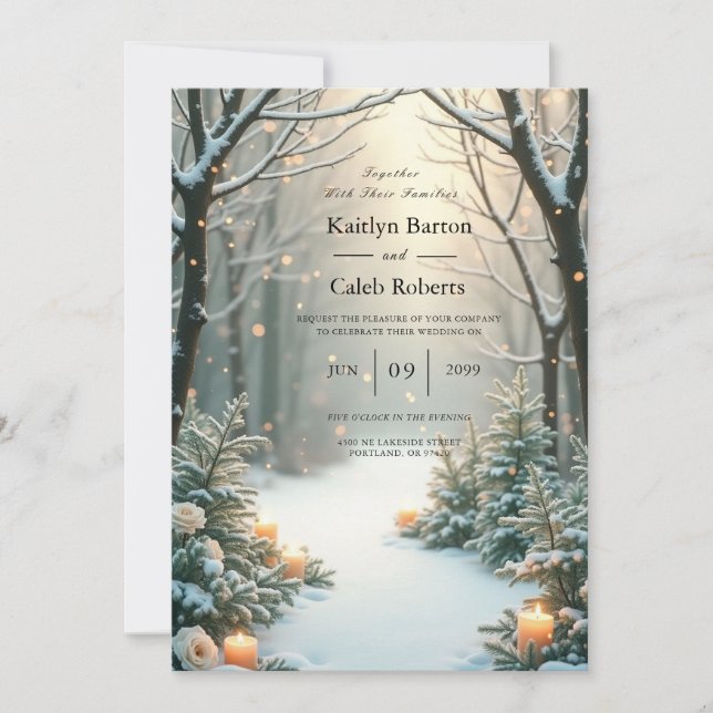 Snowy Candlelit Frosted Evergreens Invitation (Front)