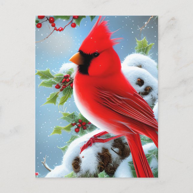 Snowy Cardinal Bird Graphic Postcard (Front)