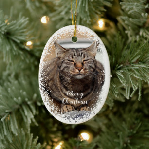 Snowy cat on Christmas Ceramic Ornament