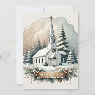Snowy Chapel at Night Glowing Christmas Scene Holiday Card