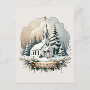 Snowy Chapel at Night Glowing Christmas Scene Postcard