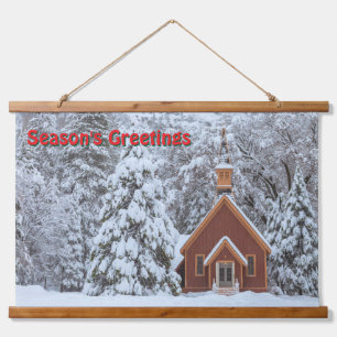 Snowy Chapel in Winter Landscape  Hanging Tapestry