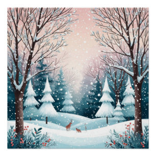 Snowy Christmas Cabin With Glowing Tree Poster