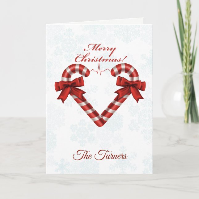Snowy Christmas Candy Cane Heart Ekg Strip Holiday Card (Front)
