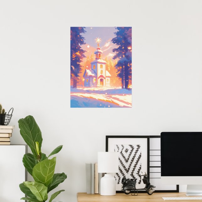 Snowy Christmas Church Scene Poster (Home Office)