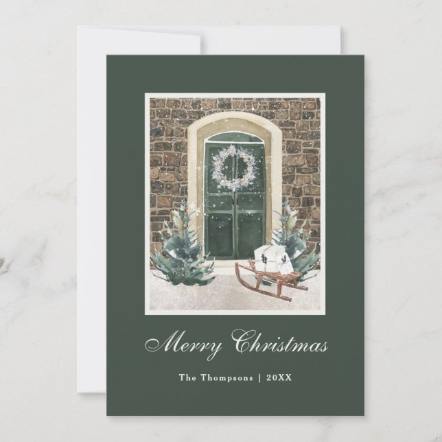 Snowy Christmas Door Dark Green Holiday Card (Front)